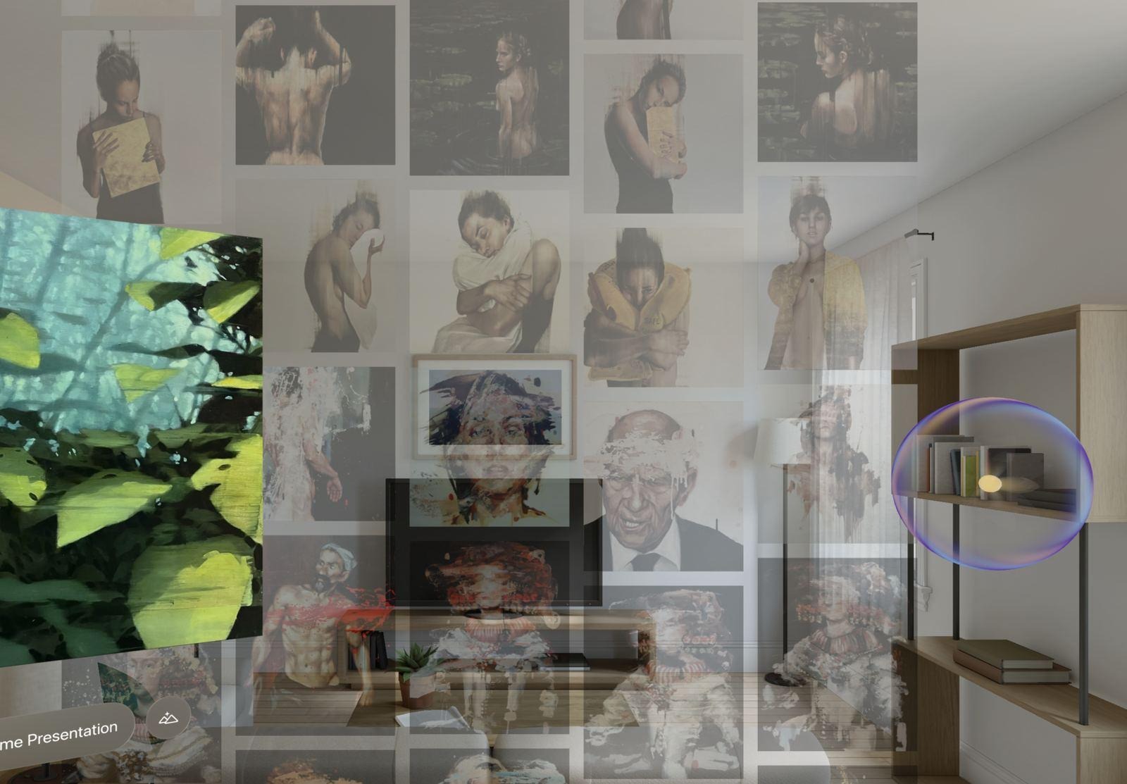 A room filled with a grid of an artist's photographic portraits, with Aura's violet ring floating at the right.