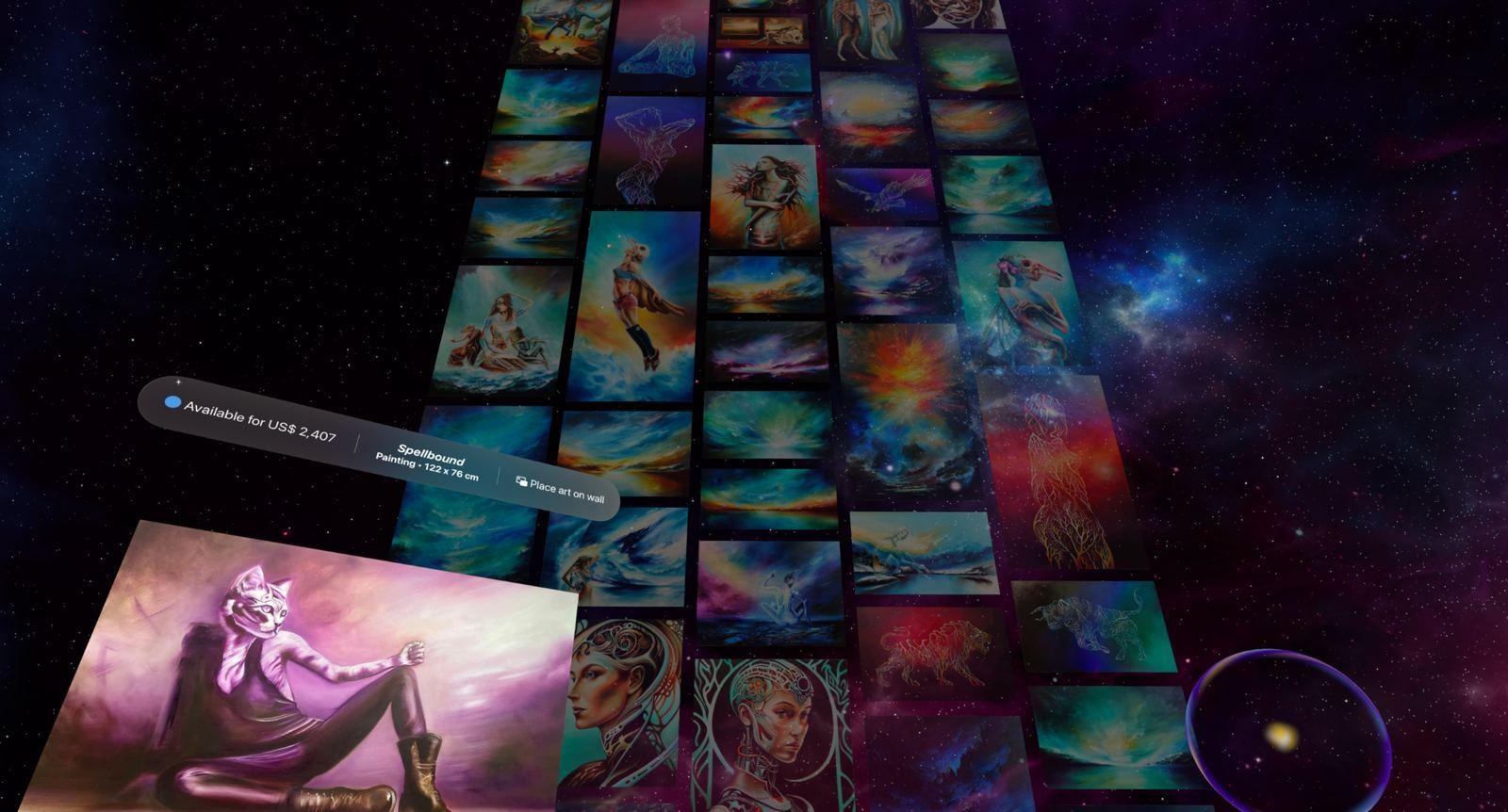 A cascading wall of dozens of colorful paintings flowing through a starry space, with a large piece tilted in the foreground and Aura's ring at the lower right.