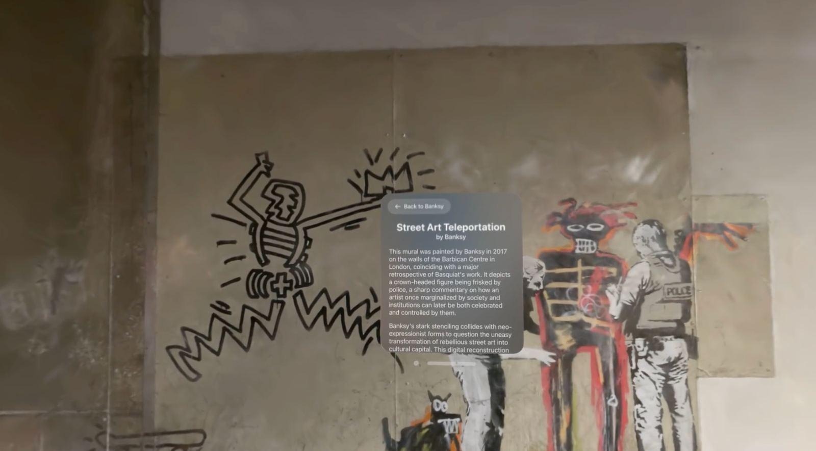 A mural with a skeletal figure and a red-and-black figure on a rough wall, with a floating panel titled Street Art Teleportation.