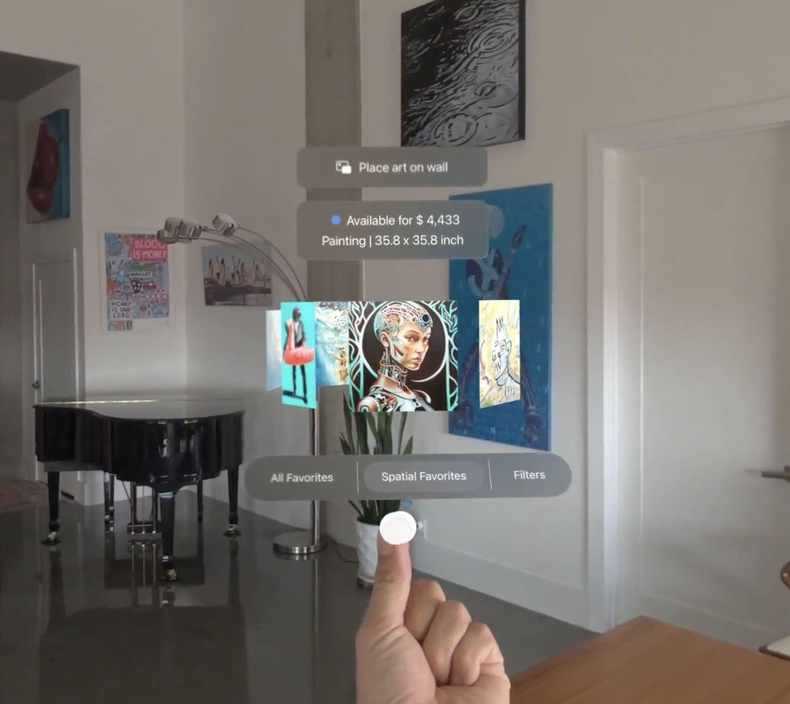 A ring of small artworks floating above an open palm in a bright room with a grand piano, with a Place art on wall button and price details above the selected piece.