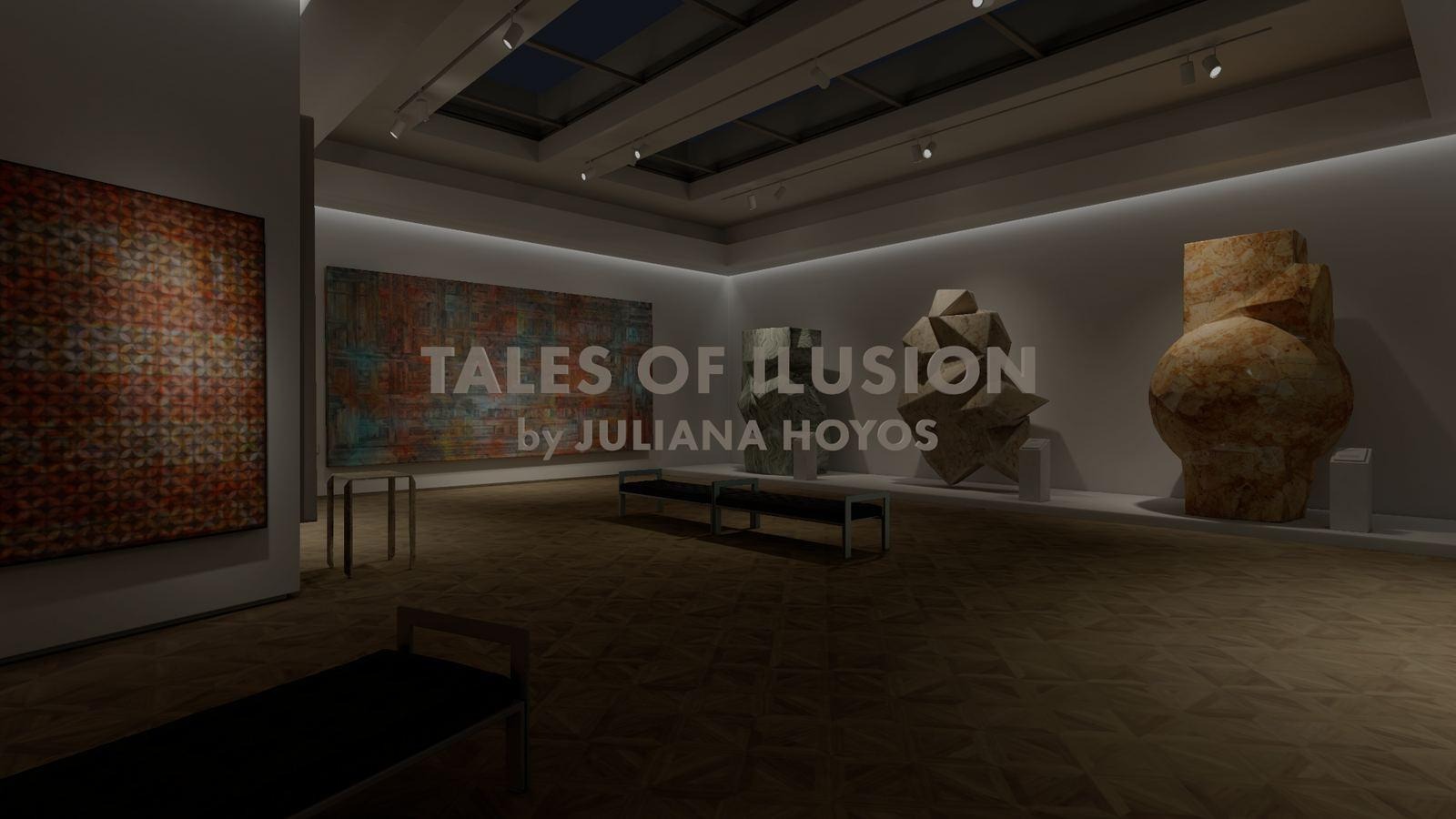 The same gallery with the title Tales of Illusion by Juliana Hoyos floating in the room beside a bronze figure.