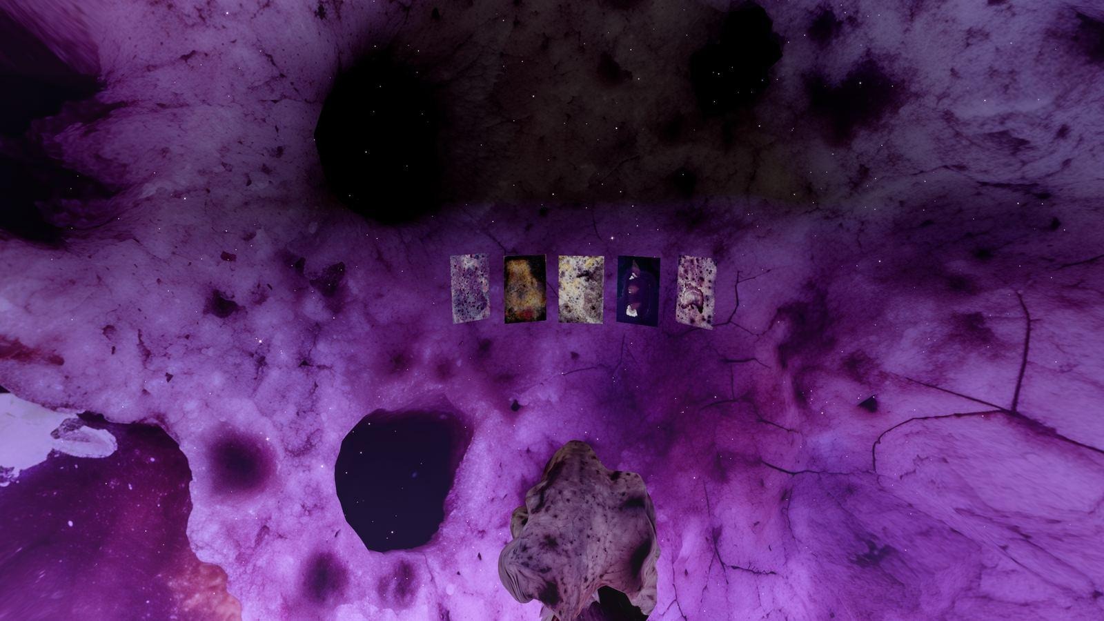 Environment III: small photographic panels suspended in a bright magenta and violet cavern with dark openings.