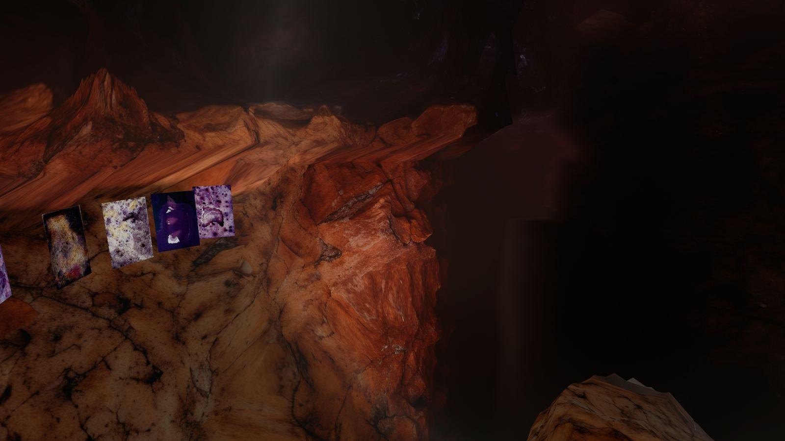 Environment XXVI: panels set against rust and amber cave walls fading into darkness.