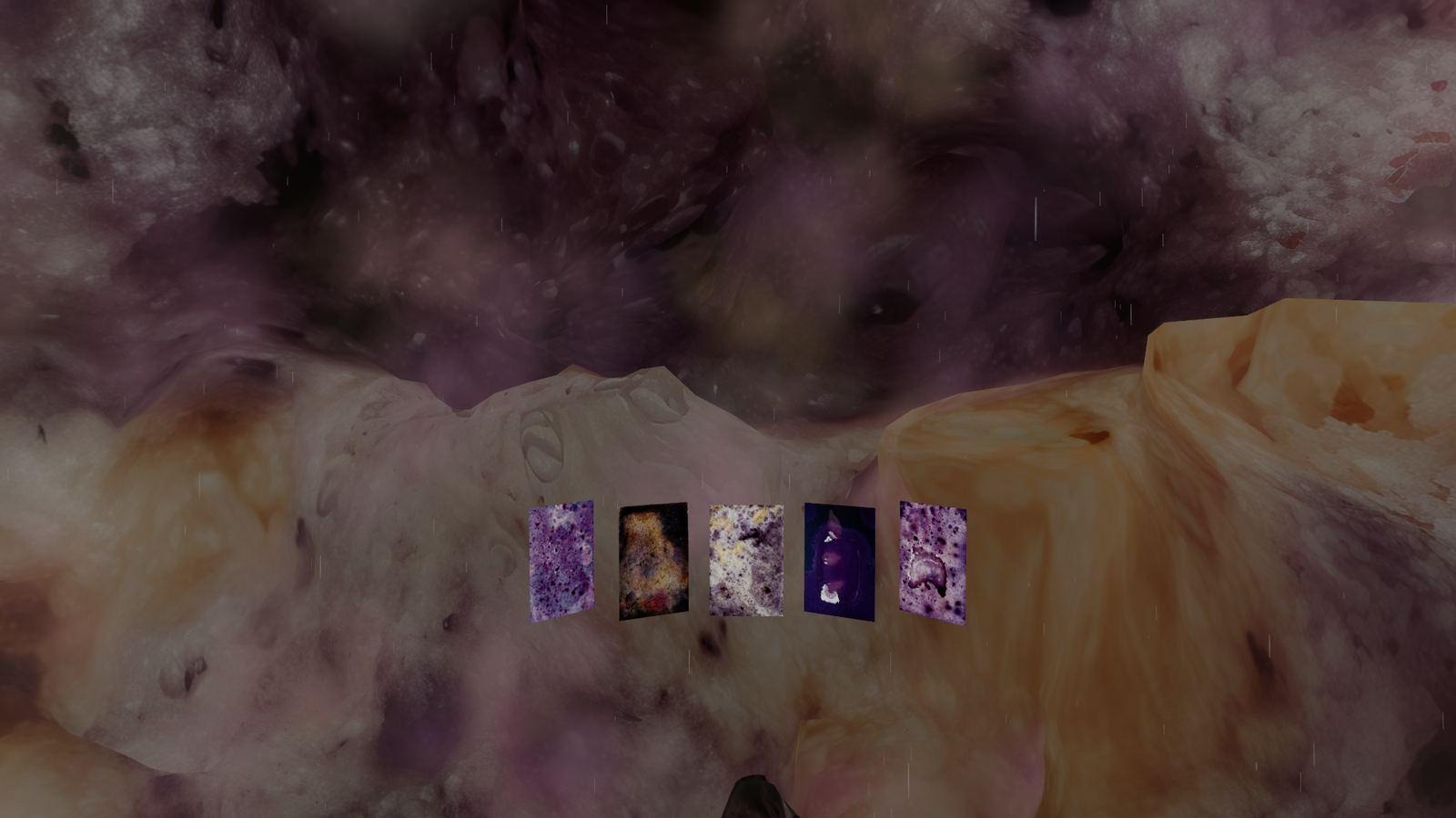 Environment VIII: panels floating in a pale marbled space of violet and amber, like light through stone.