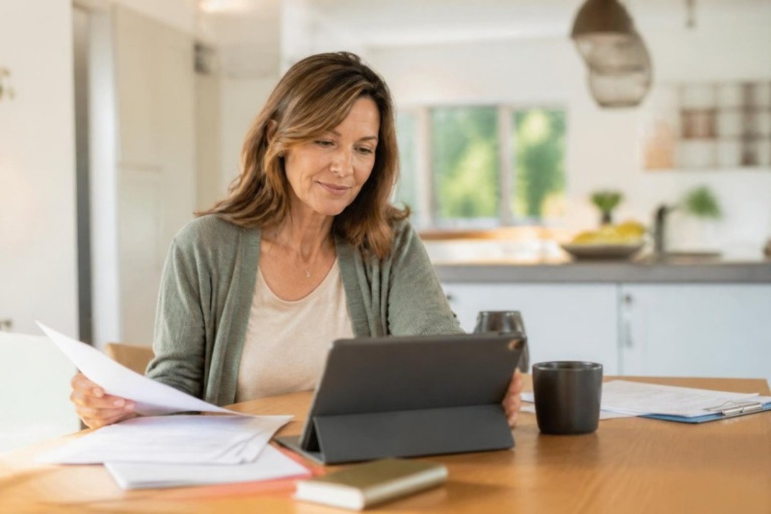 Femme de 59 ans consultant ses documents de retraite chez elle