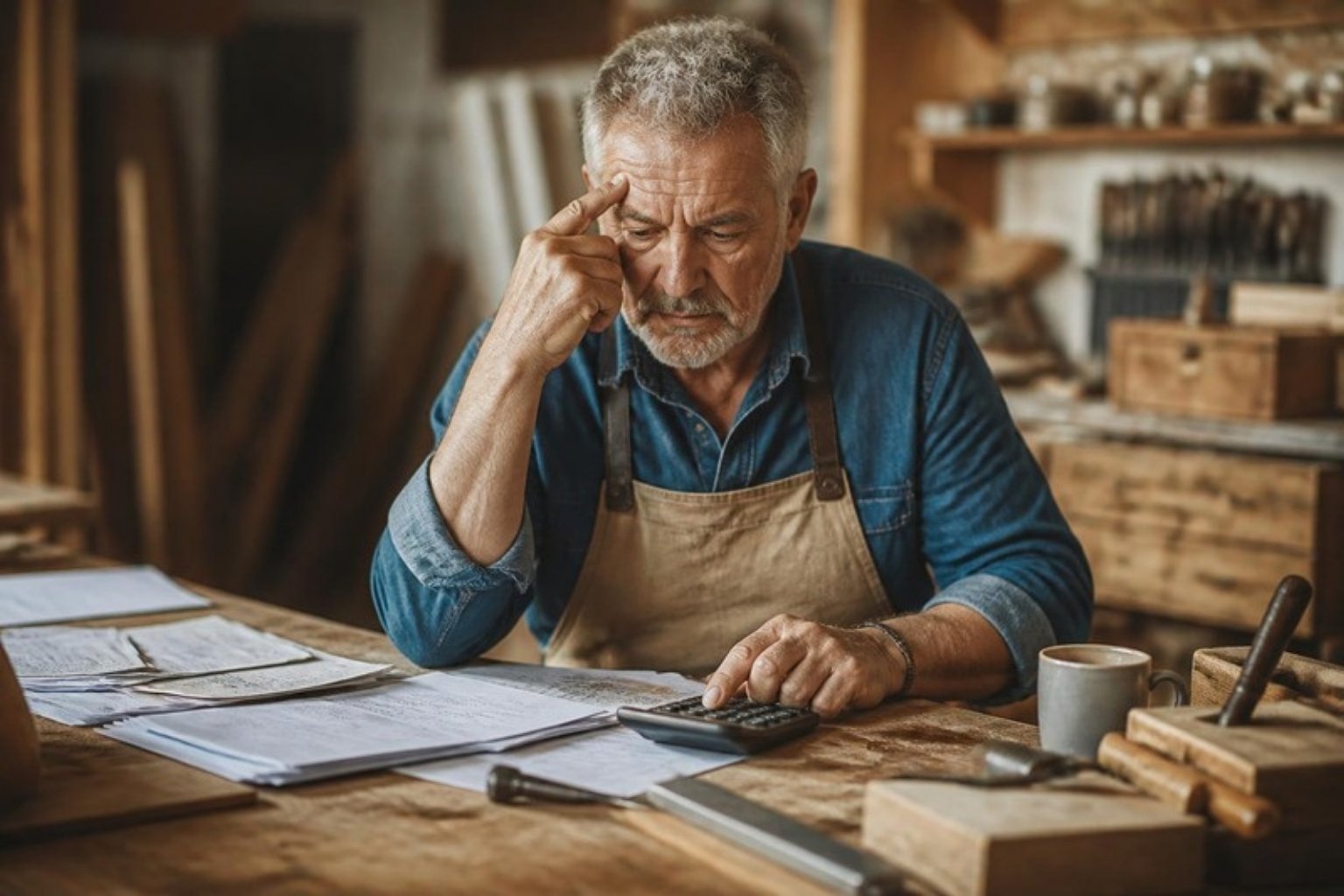 Artisan réfléchissant à sa retraite dans son atelier
