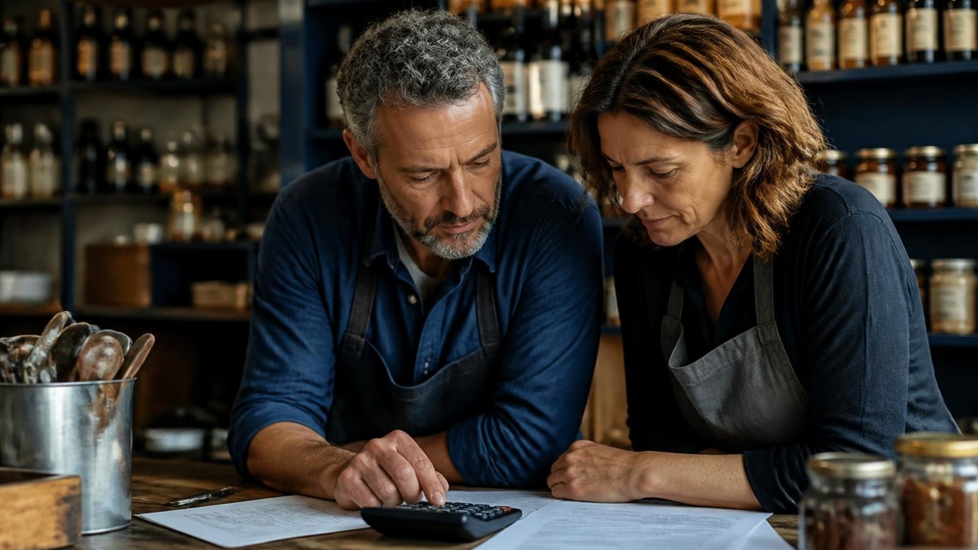 Couple de commerçants examinant des documents au comptoir de leur épicerie
