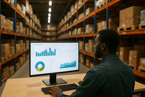 ChatGPT AI generated image of a person looking at a dashboard in a commerce company