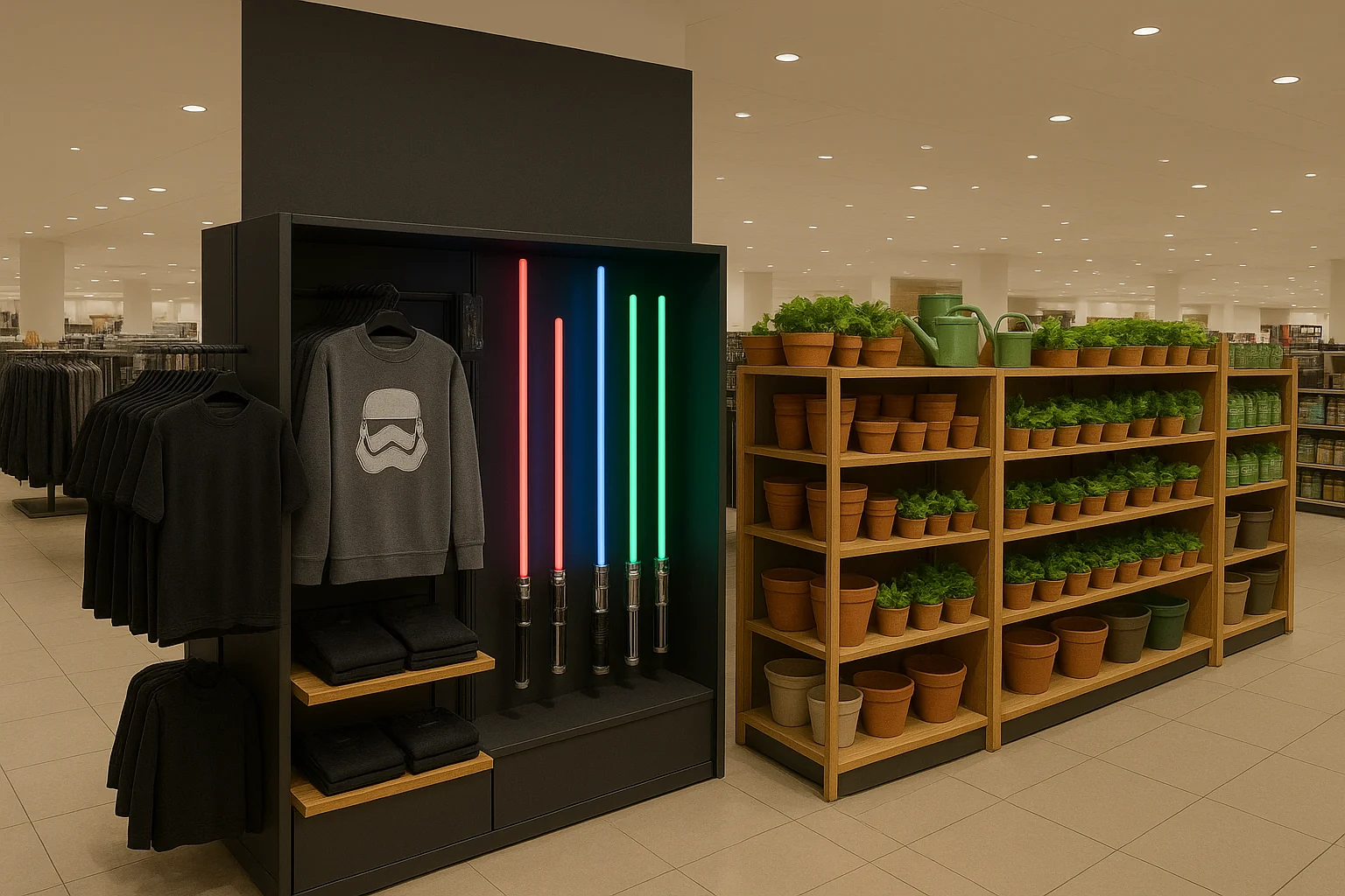 AI generated image wih ChatGPT of a department store apparel arden and lightsaber items