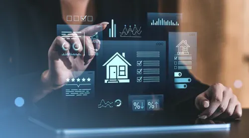 Woman interacting with transparent digital real estate dashboard, creative holographic style, indoor background, concept of smart property investment