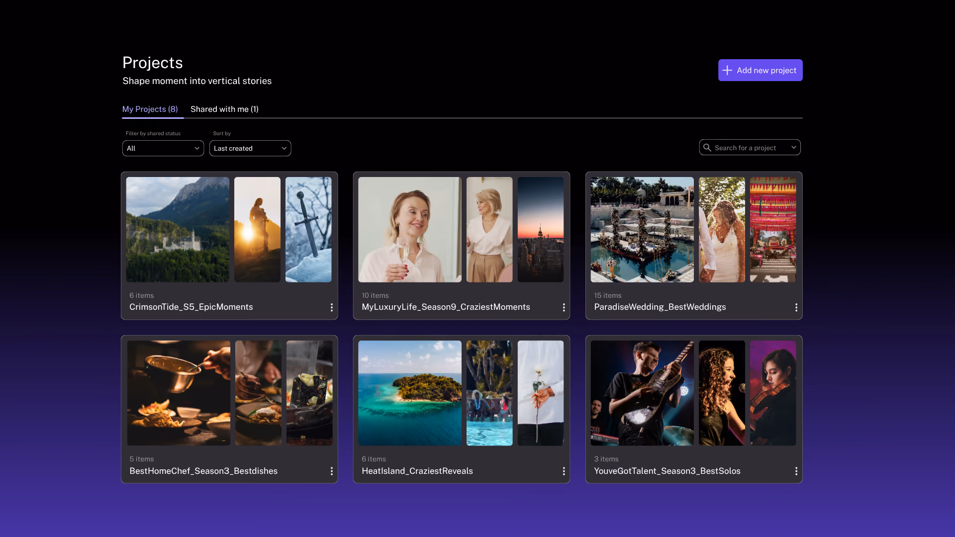 Page de projets listant les compilations thématiques en cours : chaque mariage, plus grandes sorties, meilleurs retours