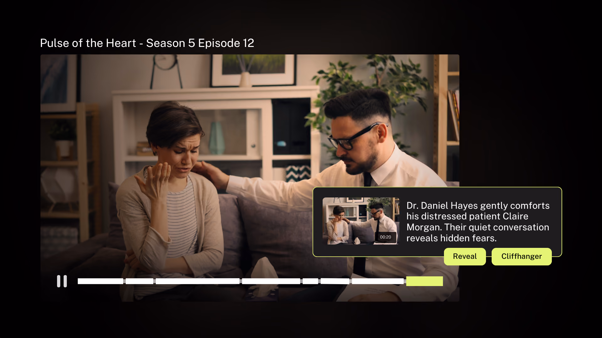 Ouverture d'une émission dans Moments Lab avec une scène sélectionnée, affichant sa description et ses tags narratifs