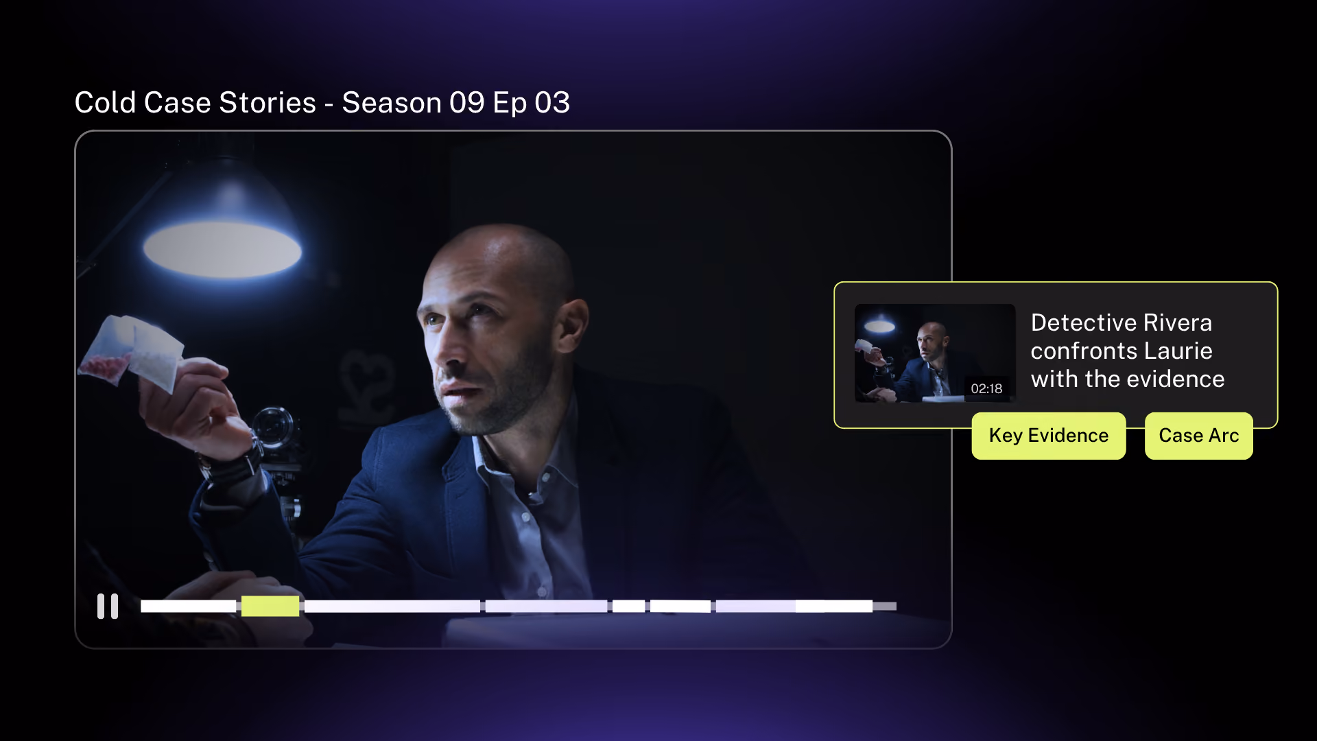 A show open in Moments Lab with a scene selected, showing its description and narrative tags
