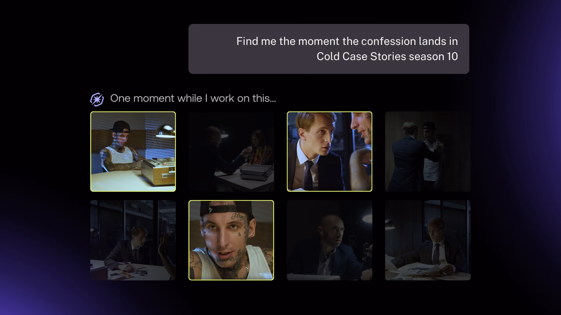 Discovery Agent prompt for a lead character's most dramatic scenes with the grid of clip results