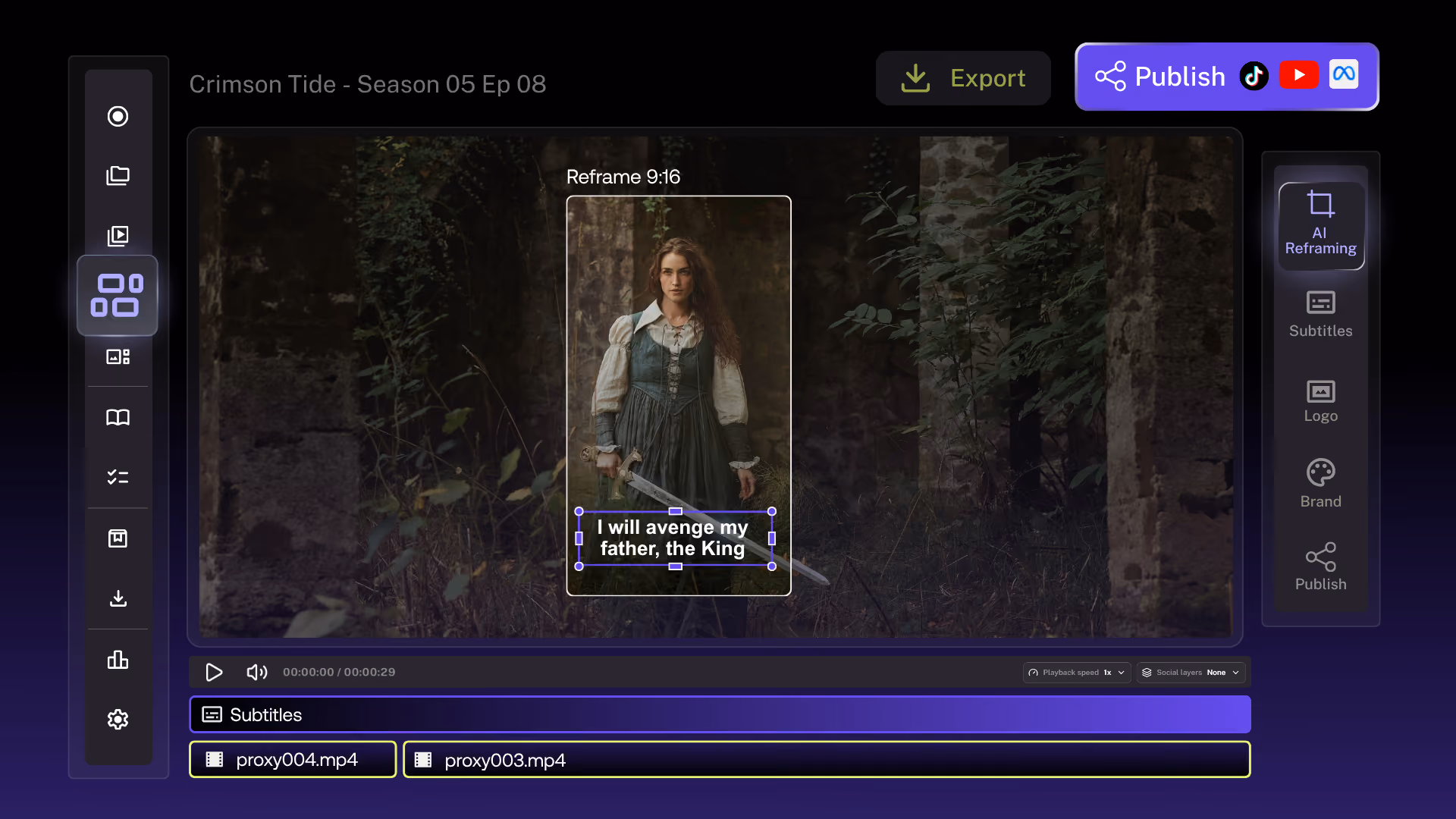 Studio editor reframing a scene to vertical with AI and captions, with publish buttons for TikTok, YouTube and Meta