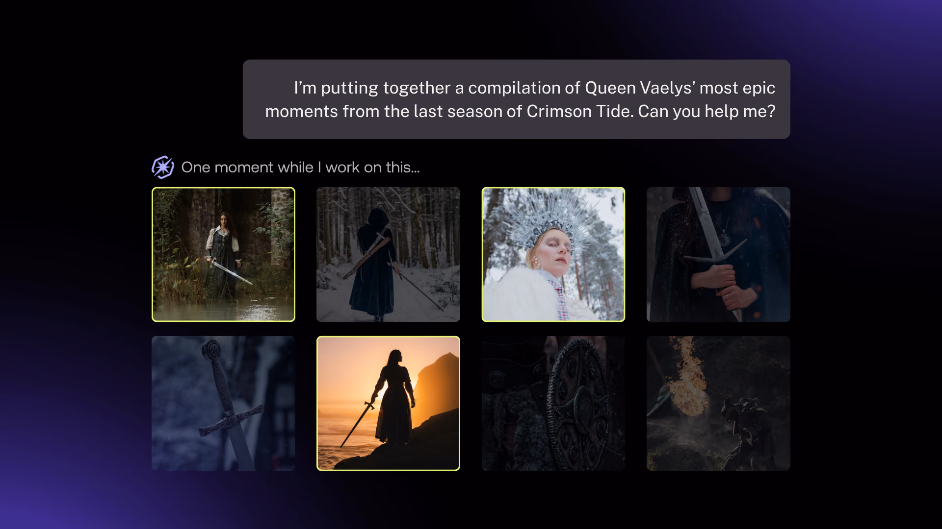 Discovery Agent prompt for a lead character's most dramatic scenes with the grid of clip results
