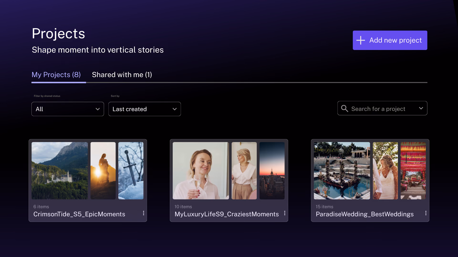 Projects page listing themed compilations in progress: every wedding, biggest exits, best returns