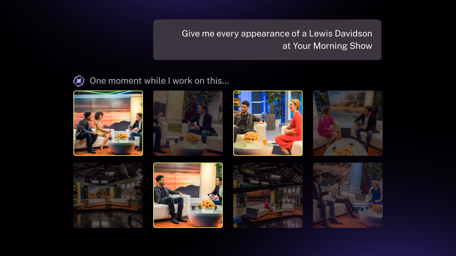 A show open in Moments Lab with a scene selected, showing its description and narrative tags