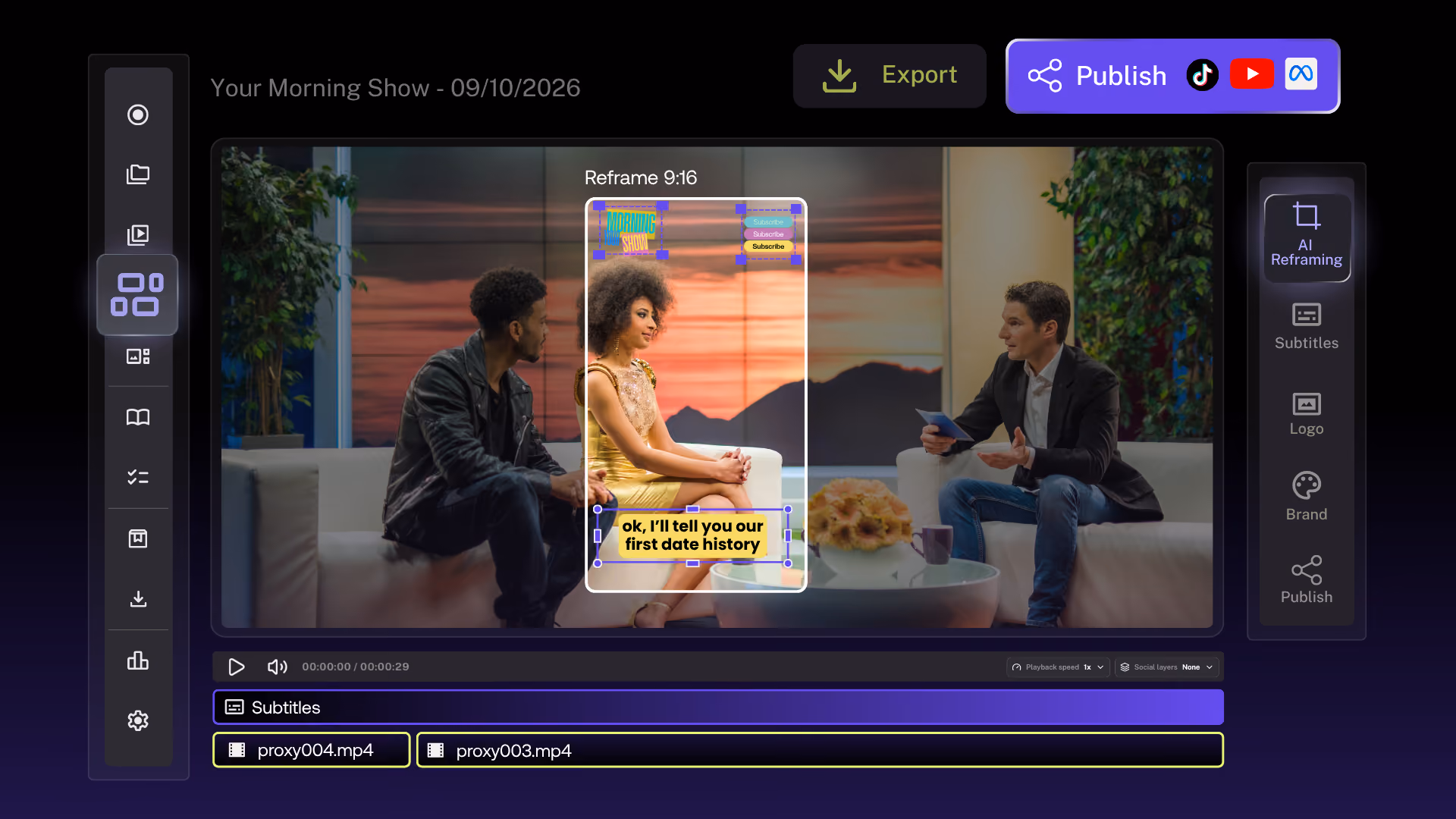 Studio editor reframing a scene to vertical with AI and captions, with publish buttons for TikTok, YouTube and Meta