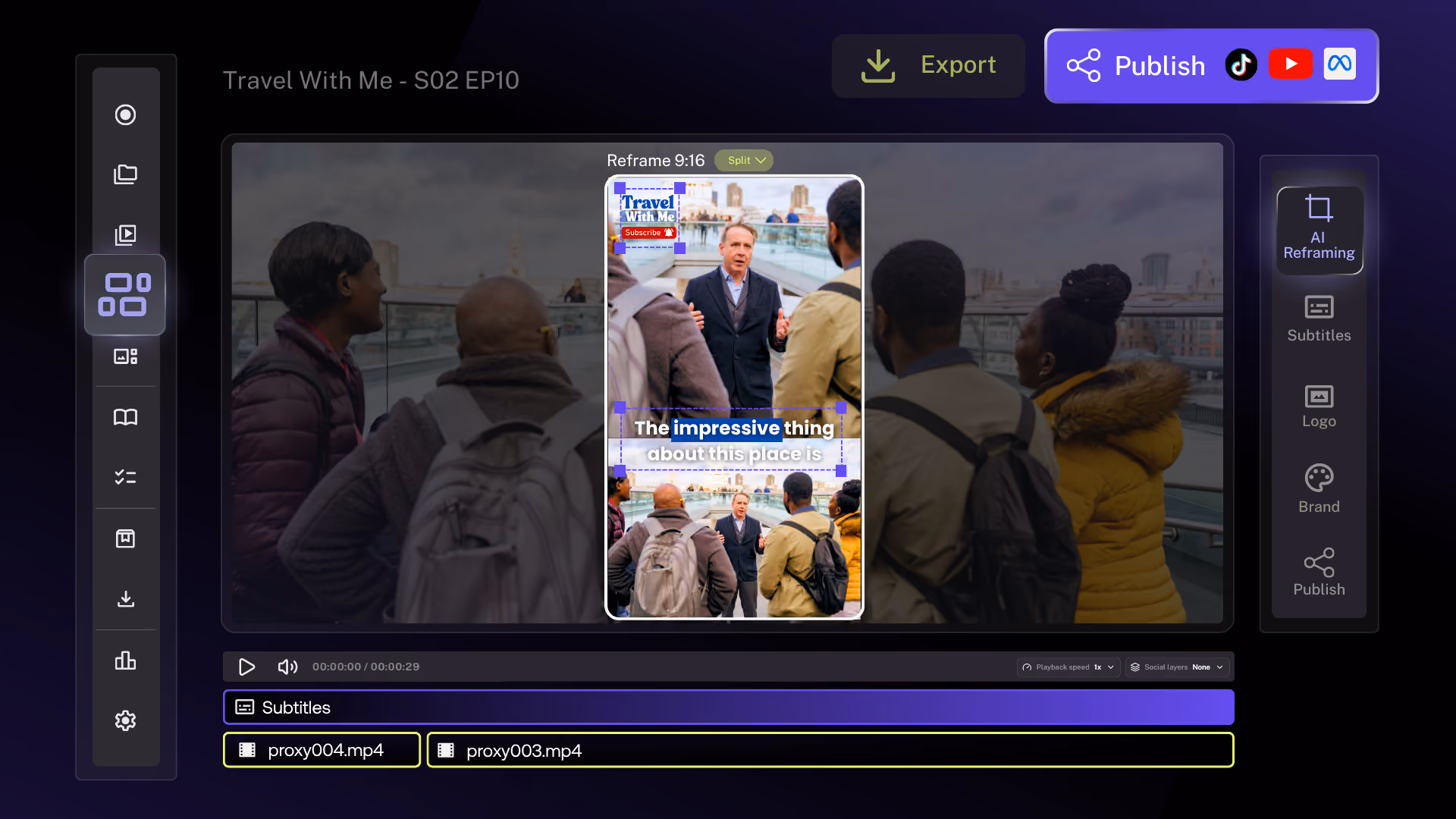 Studio editor reframing a scene to vertical with AI and captions, with publish buttons for TikTok, YouTube and Meta