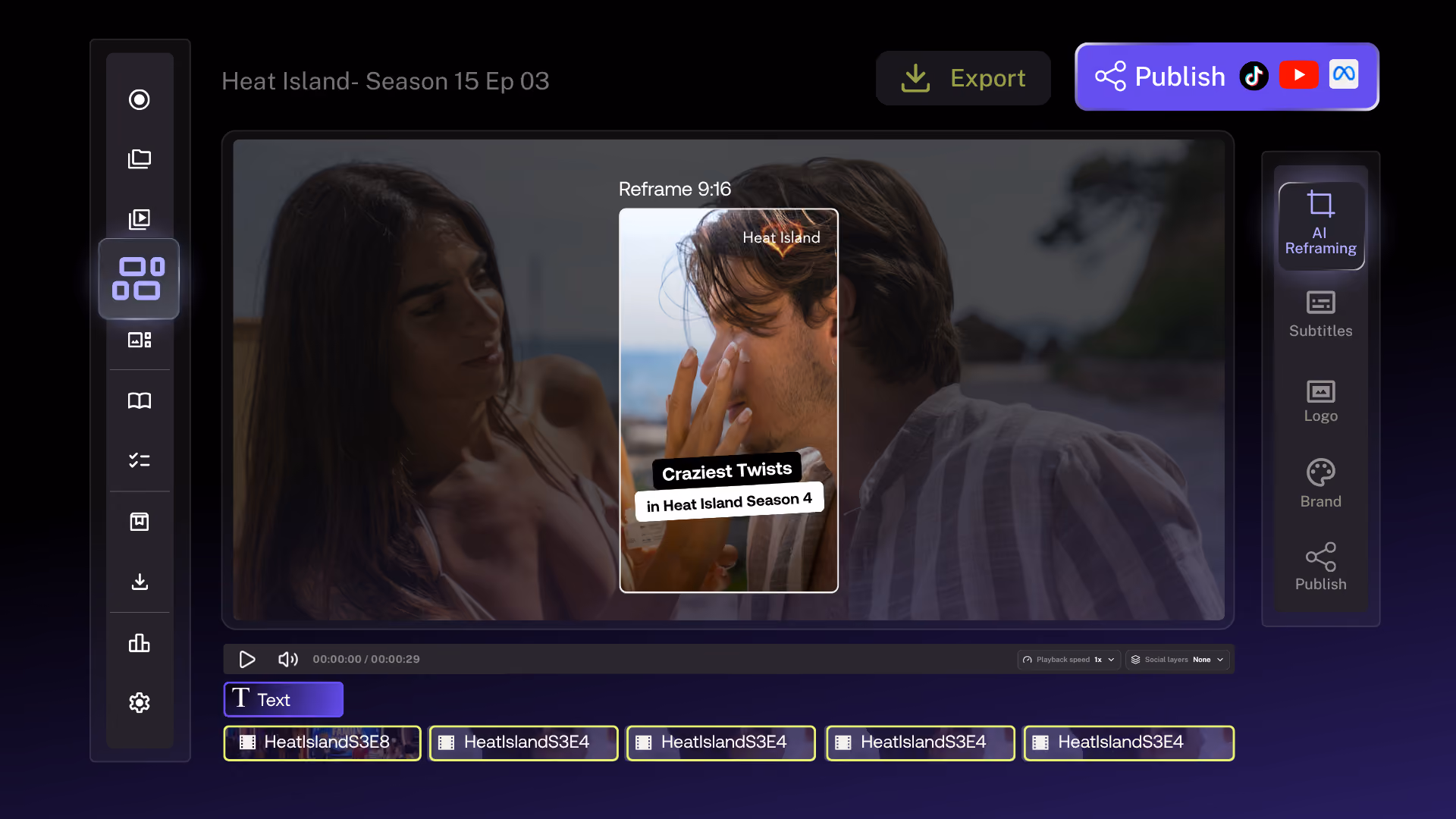 Studio editor reframing a scene to vertical with AI and captions, with publish buttons for TikTok, YouTube and Meta