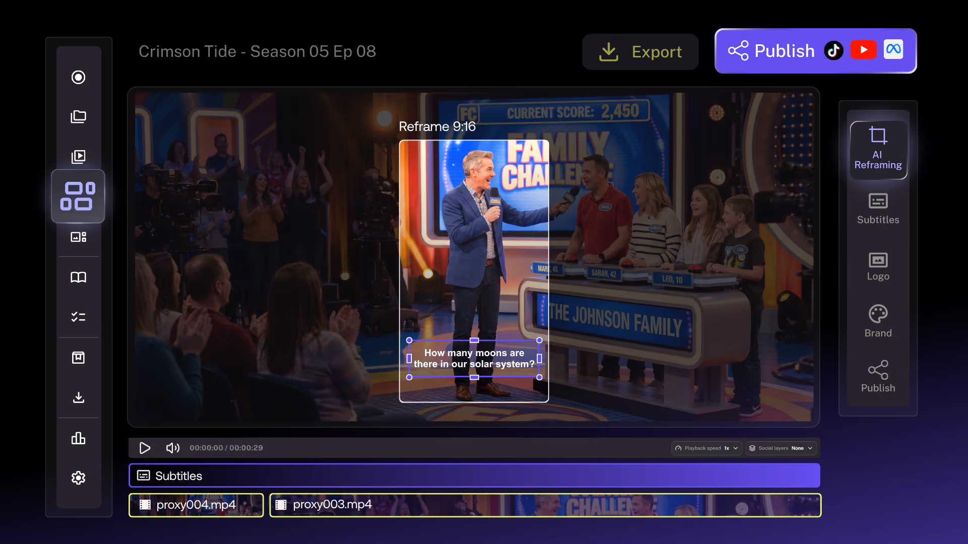 Studio editor reframing a scene to vertical with AI and captions, with publish buttons for TikTok, YouTube and Meta