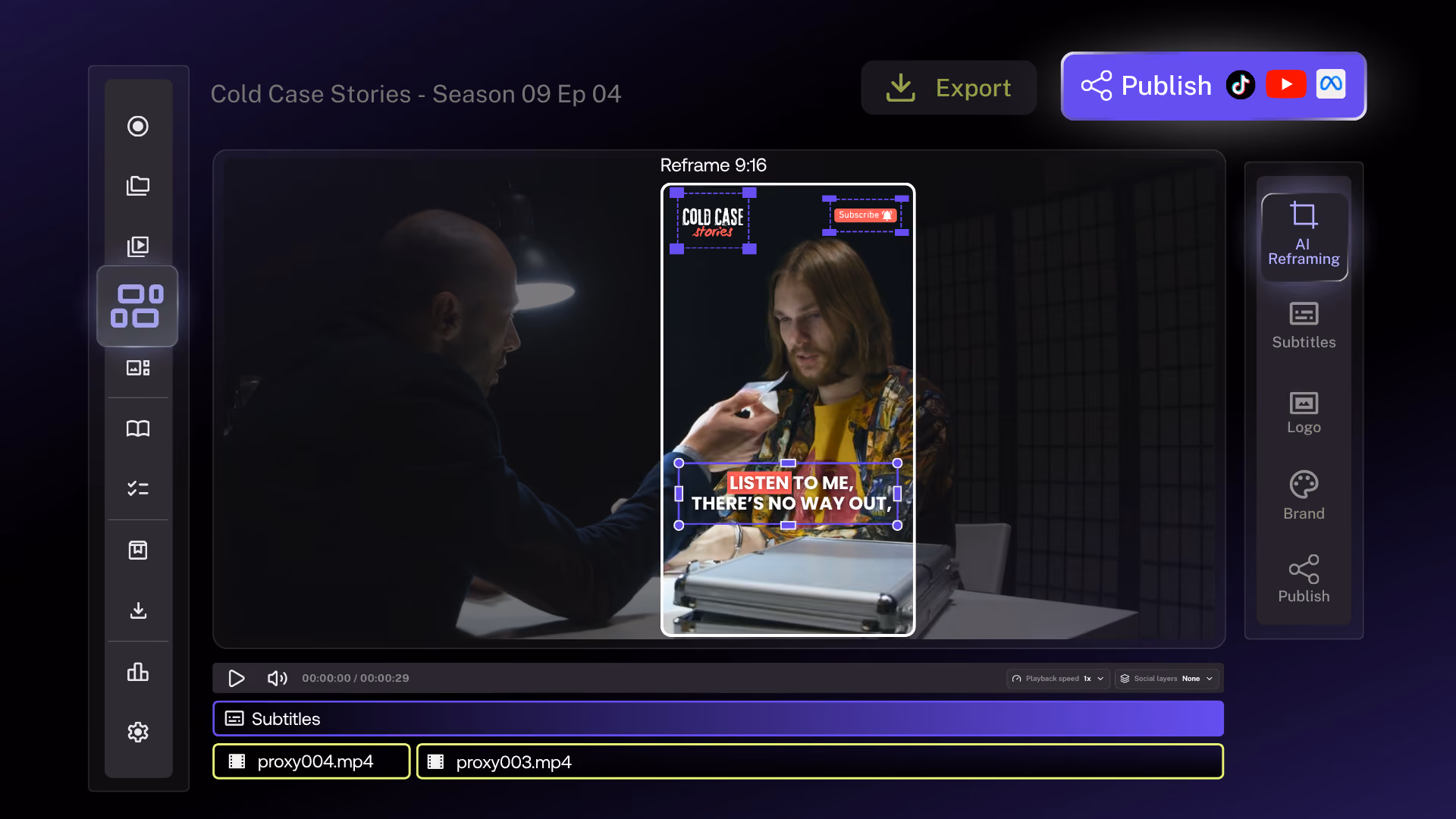Studio editor reframing a scene to vertical with AI and captions, with publish buttons for TikTok, YouTube and Meta