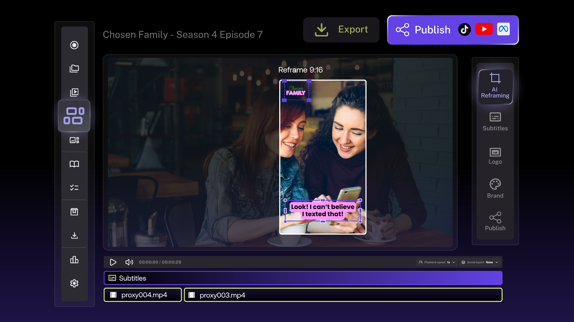 Studio editor reframing a scene to vertical with AI and captions, with publish buttons for TikTok, YouTube and Meta