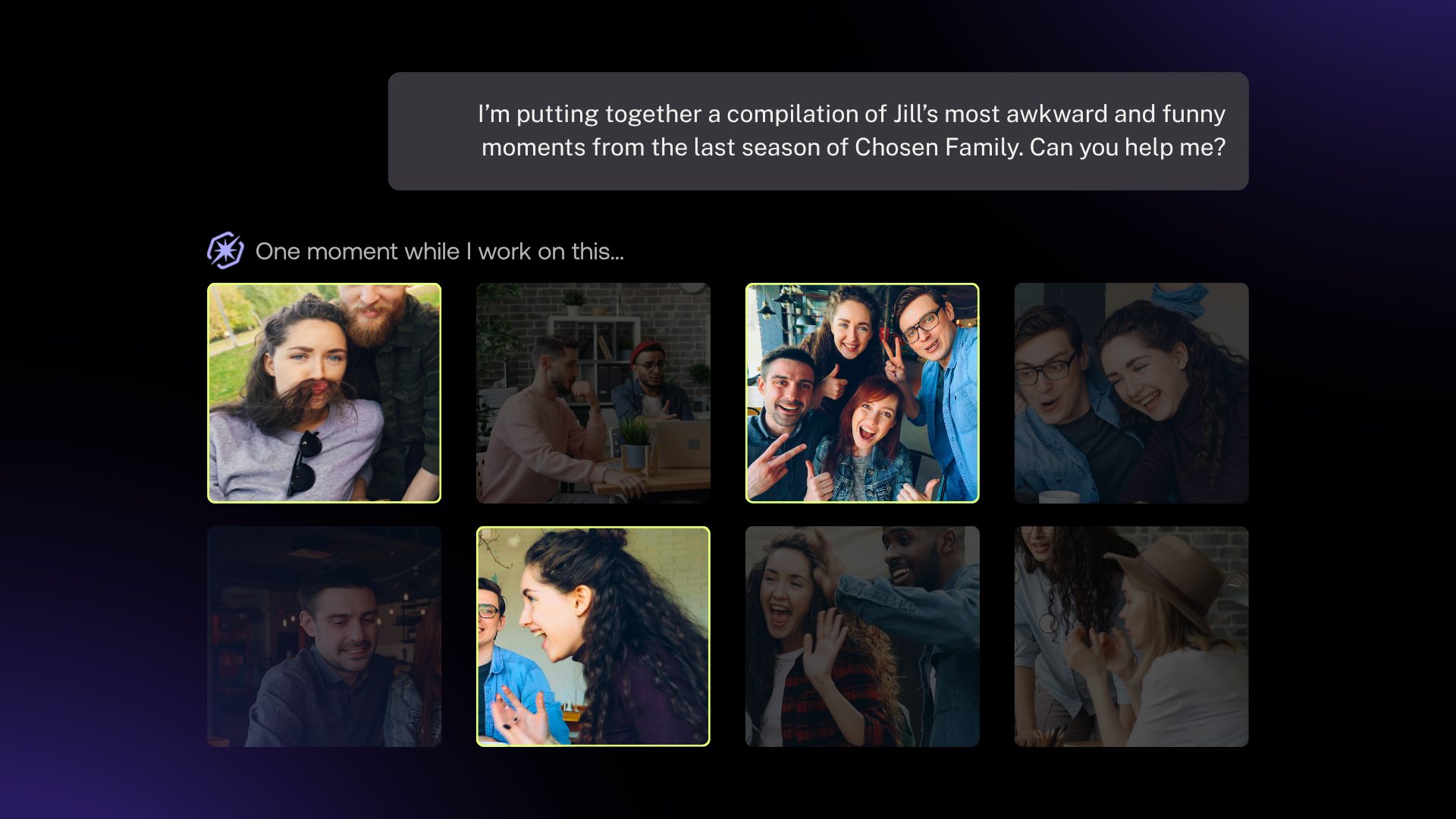 Discovery Agent prompt for a lead character's most dramatic scenes with the grid of clip results