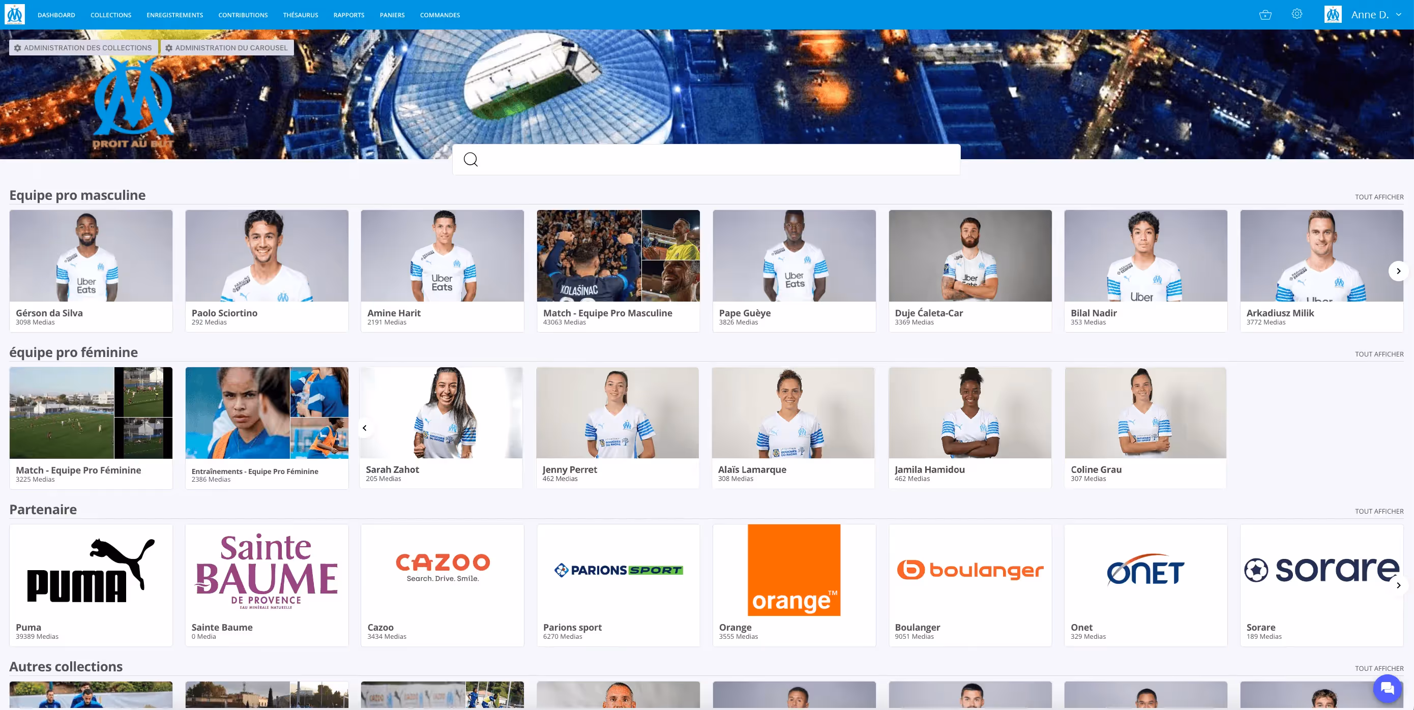 Collections view within Marseille's Newsbridge Media Hub, showing individual players and sponsor logos.