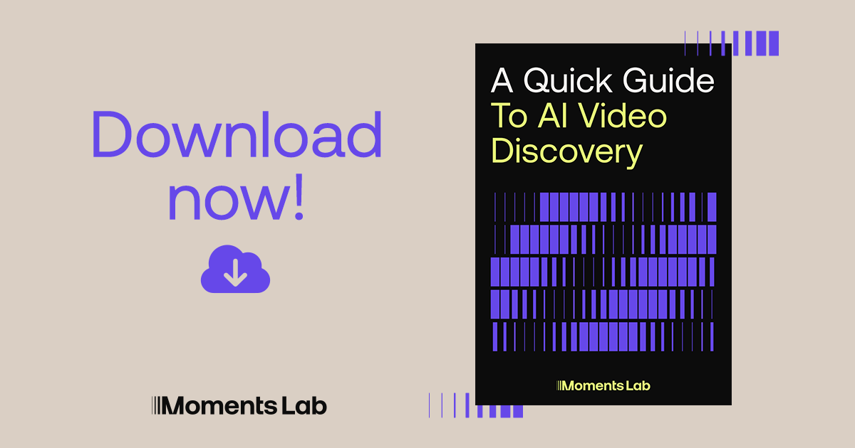 Black and purple cover of Moments Lab's eBook: 'A Quick Guide to AI Video Discovery'