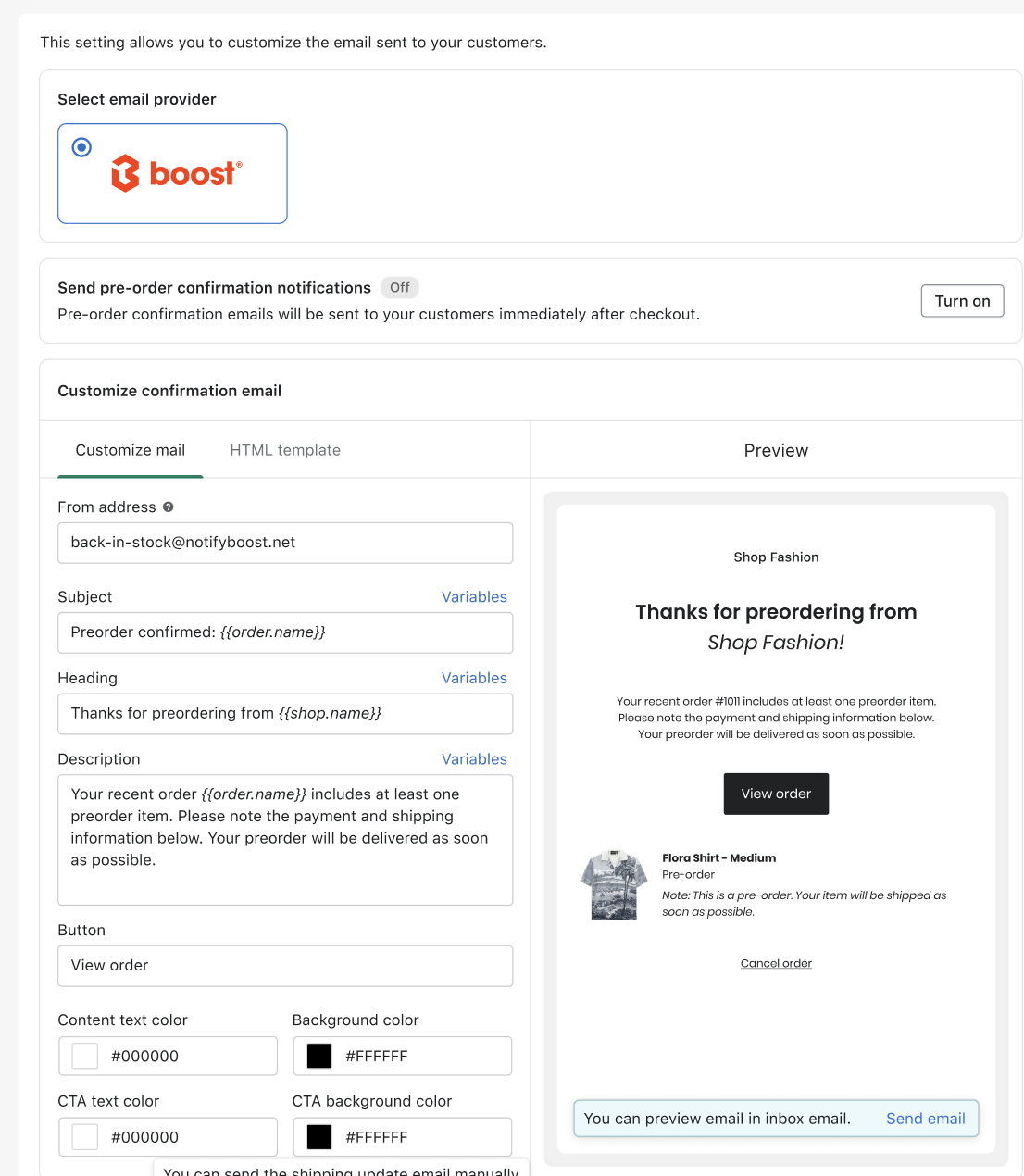 customize pre order email boost commerce