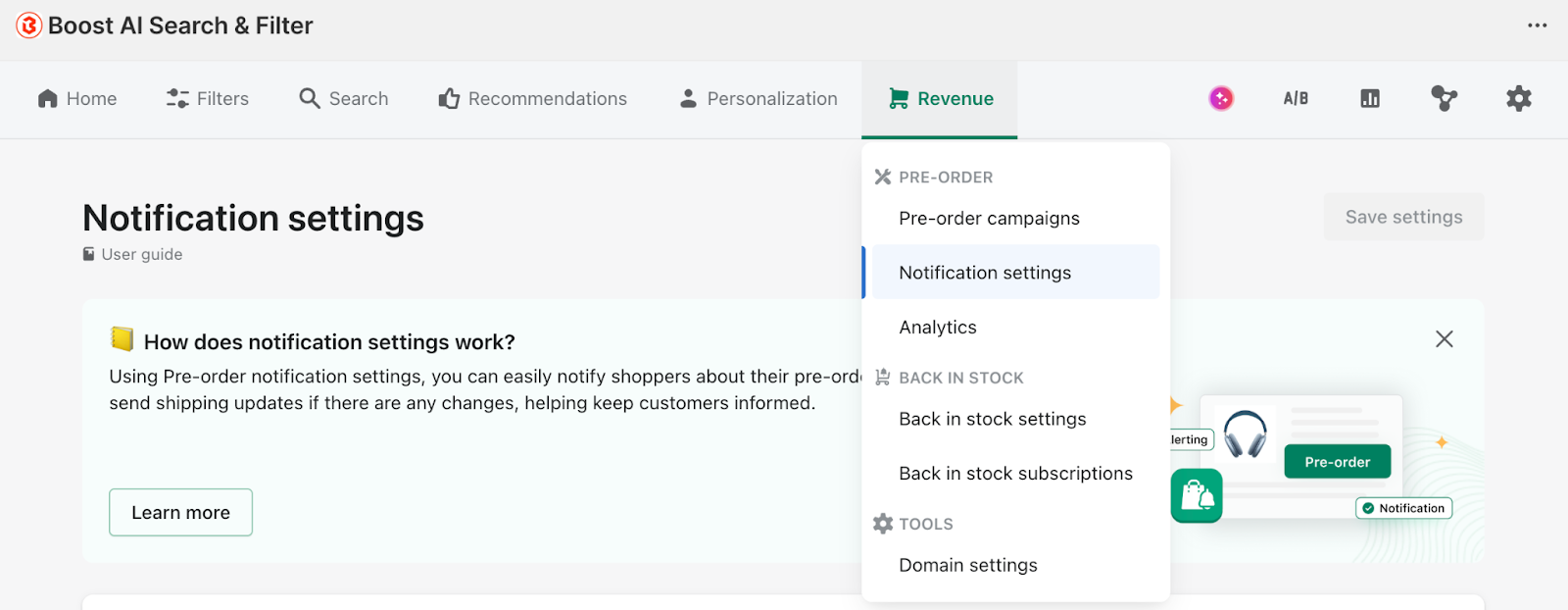 pre-order notification settings boost commerce