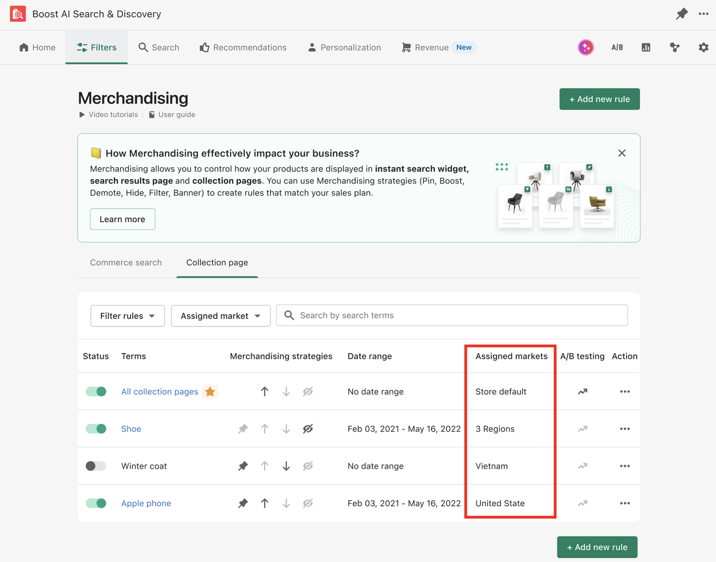 all merchandising rules dashboard boost commerce