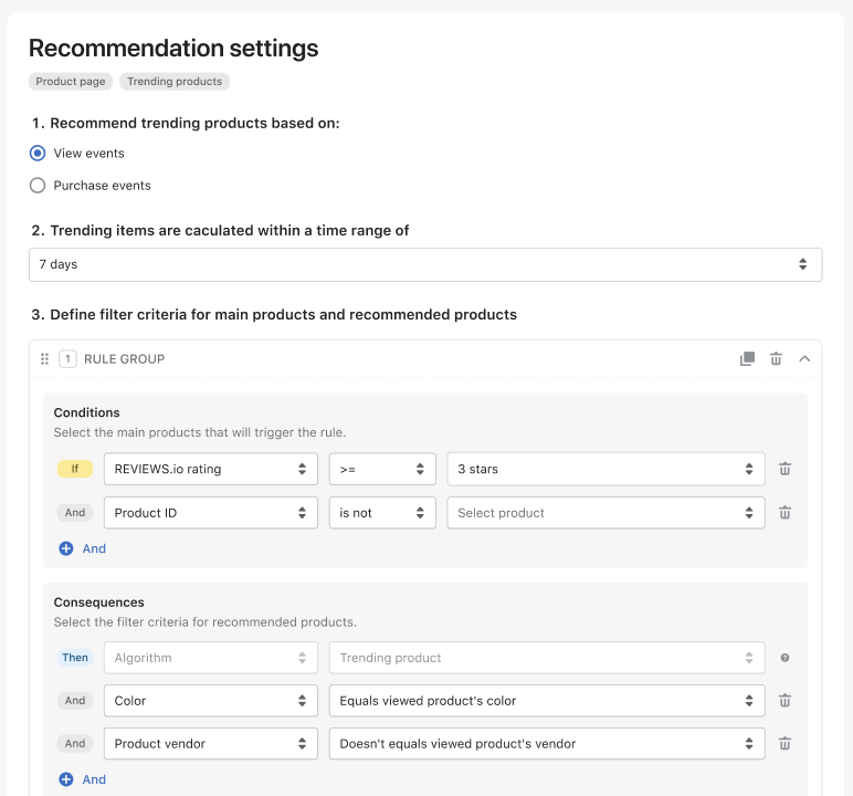 filtering rules for recommendation widgets with reviews.io