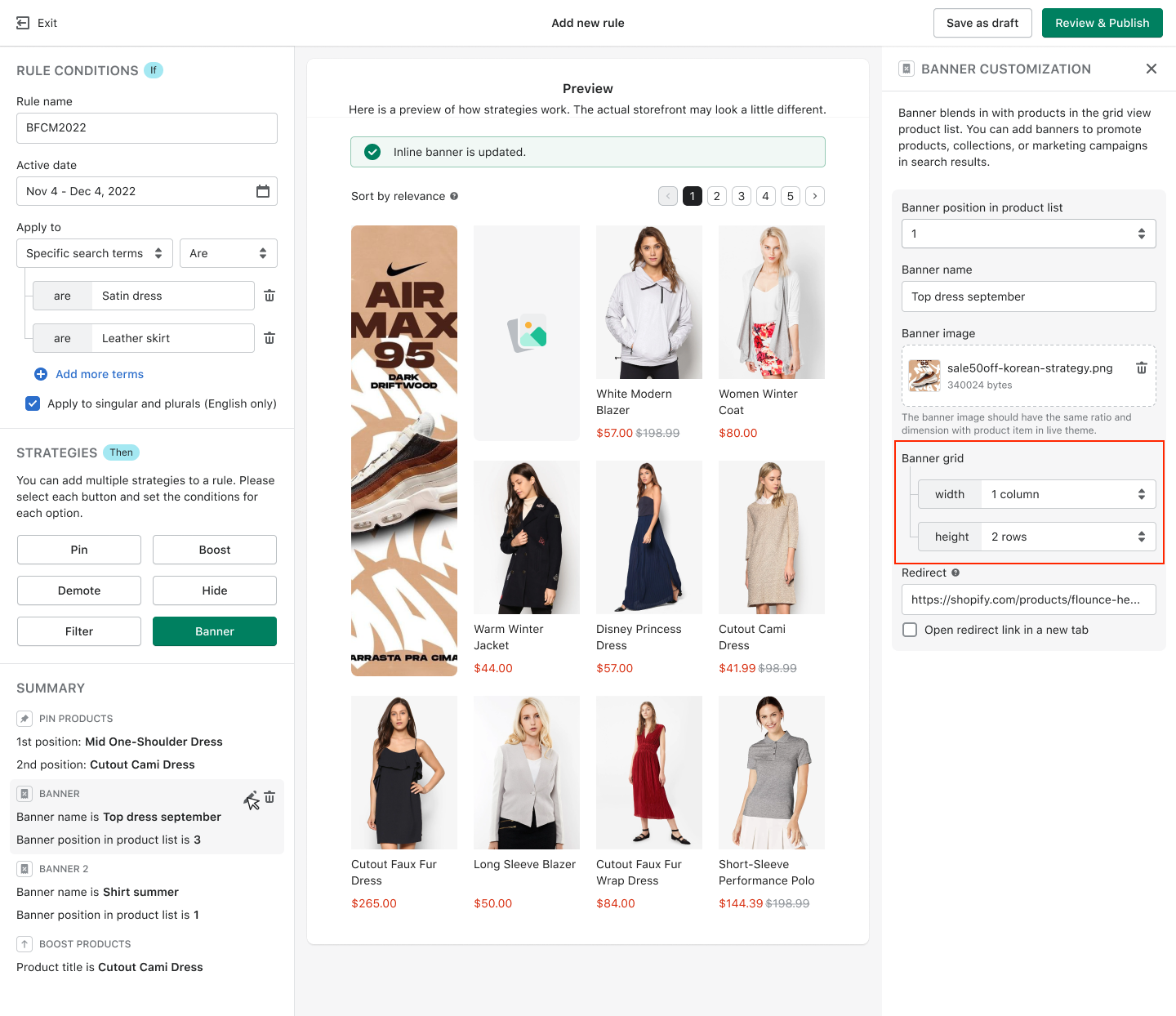 resizeable merchandising banner for ecommerce shopify