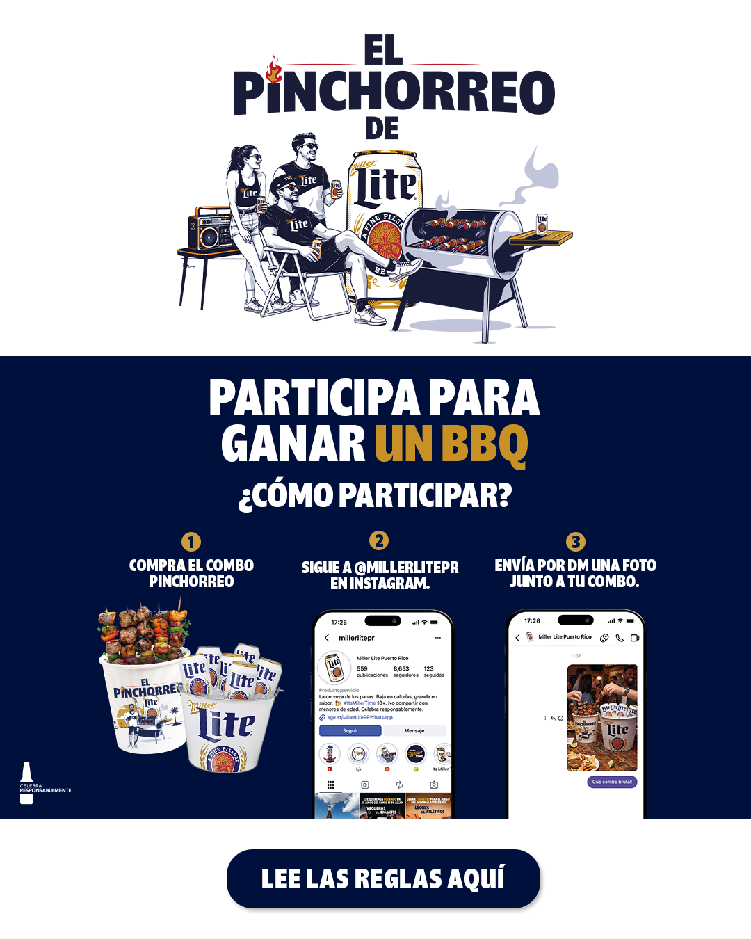 El Pinchorreo de Miller Lite: participa para ganar un BBQ. Compra el combo Pinchorreo, sigue a @millerlitepr en Instagram y envía por DM una foto junto a tu combo.