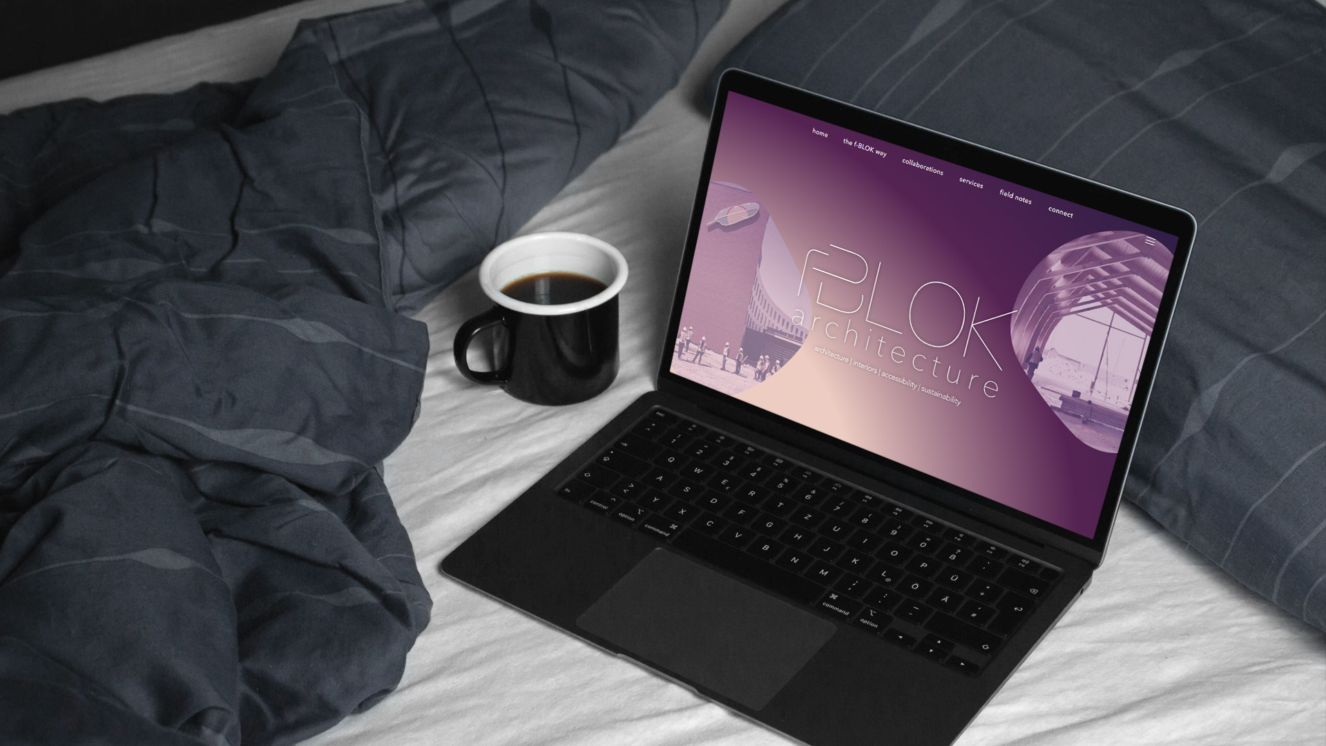 the f-BLOK Architecture homepage design on a laptop