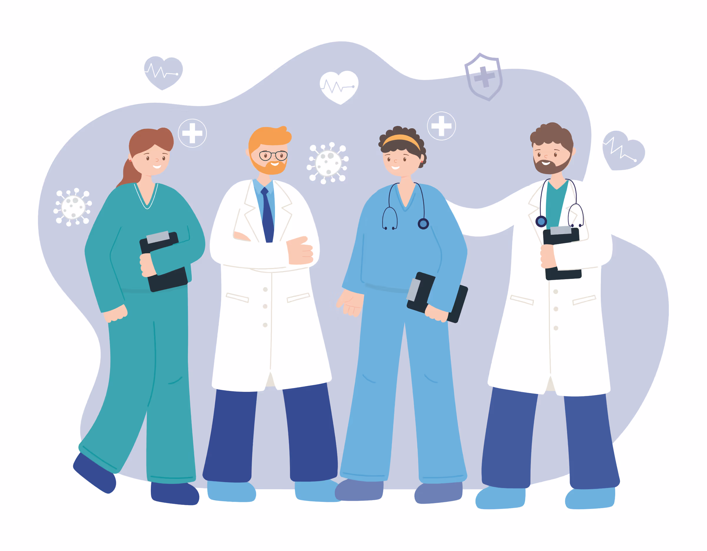 Drawing of four medical doctors gathered together smiling.