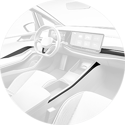 Innenansicht eines Autos mit hervorgehobenen Zierelementen.