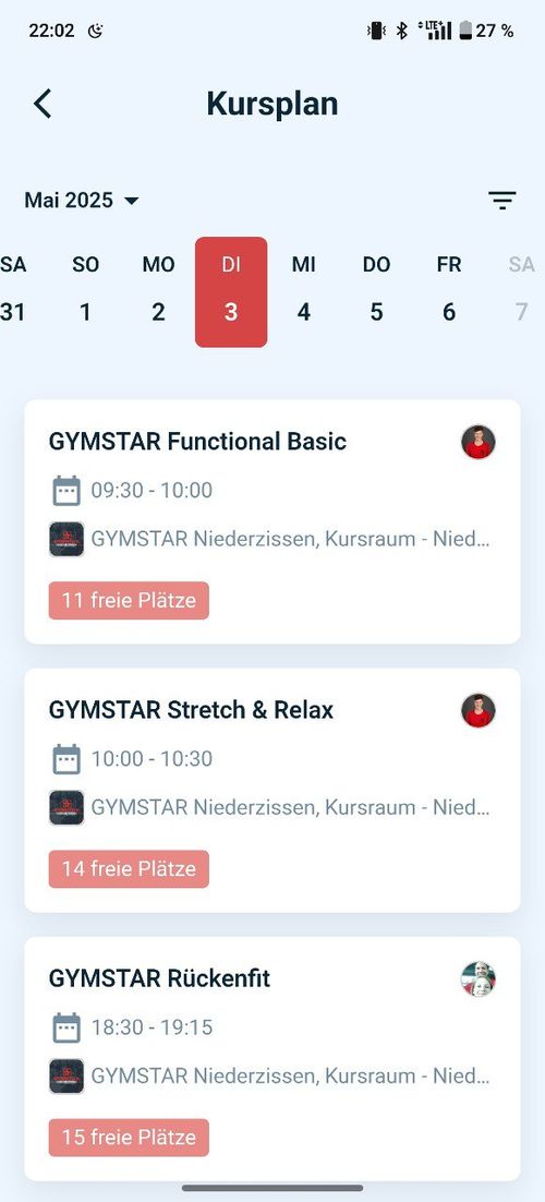 GYMSTAR App: Kursplan mit freien Plätzen