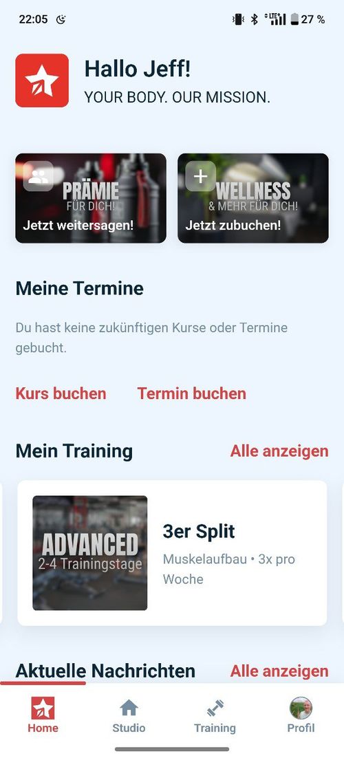 GYMSTAR App: Startseite mit Terminen und laufendem Training