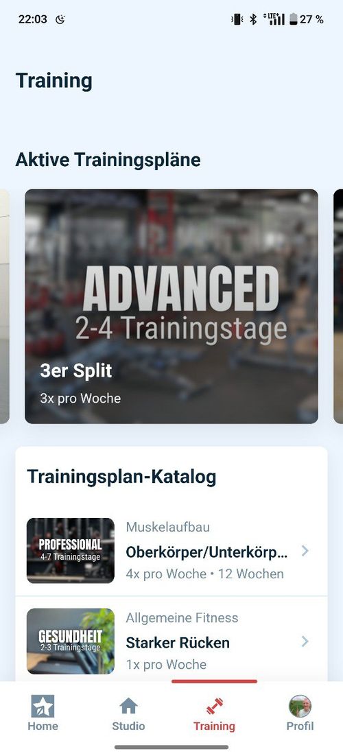 GYMSTAR App: aktive Trainingspläne und Trainingsplan-Katalog