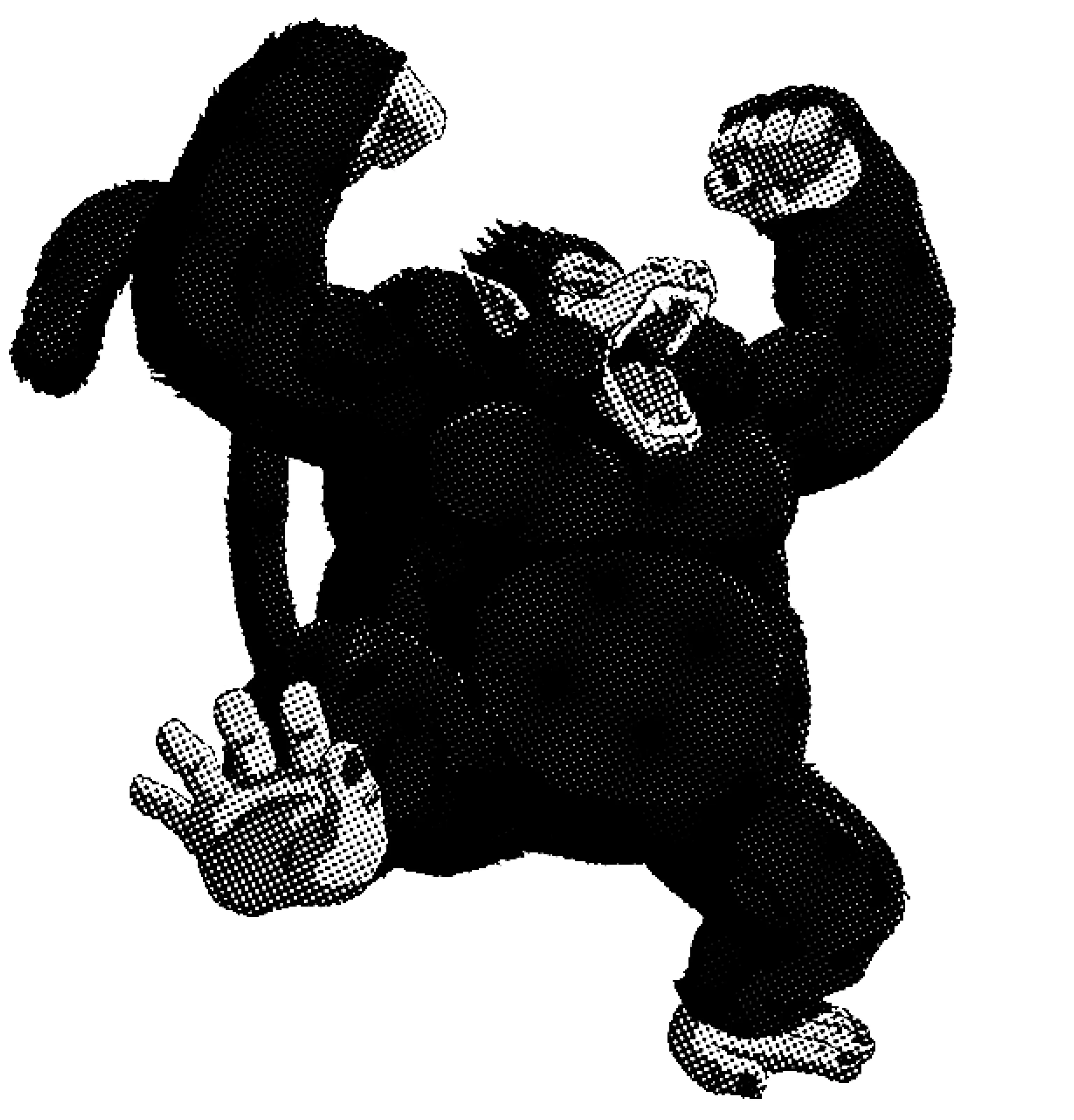 Black and white pixelated illustration of a roaring gorilla with raised fists and muscular build.