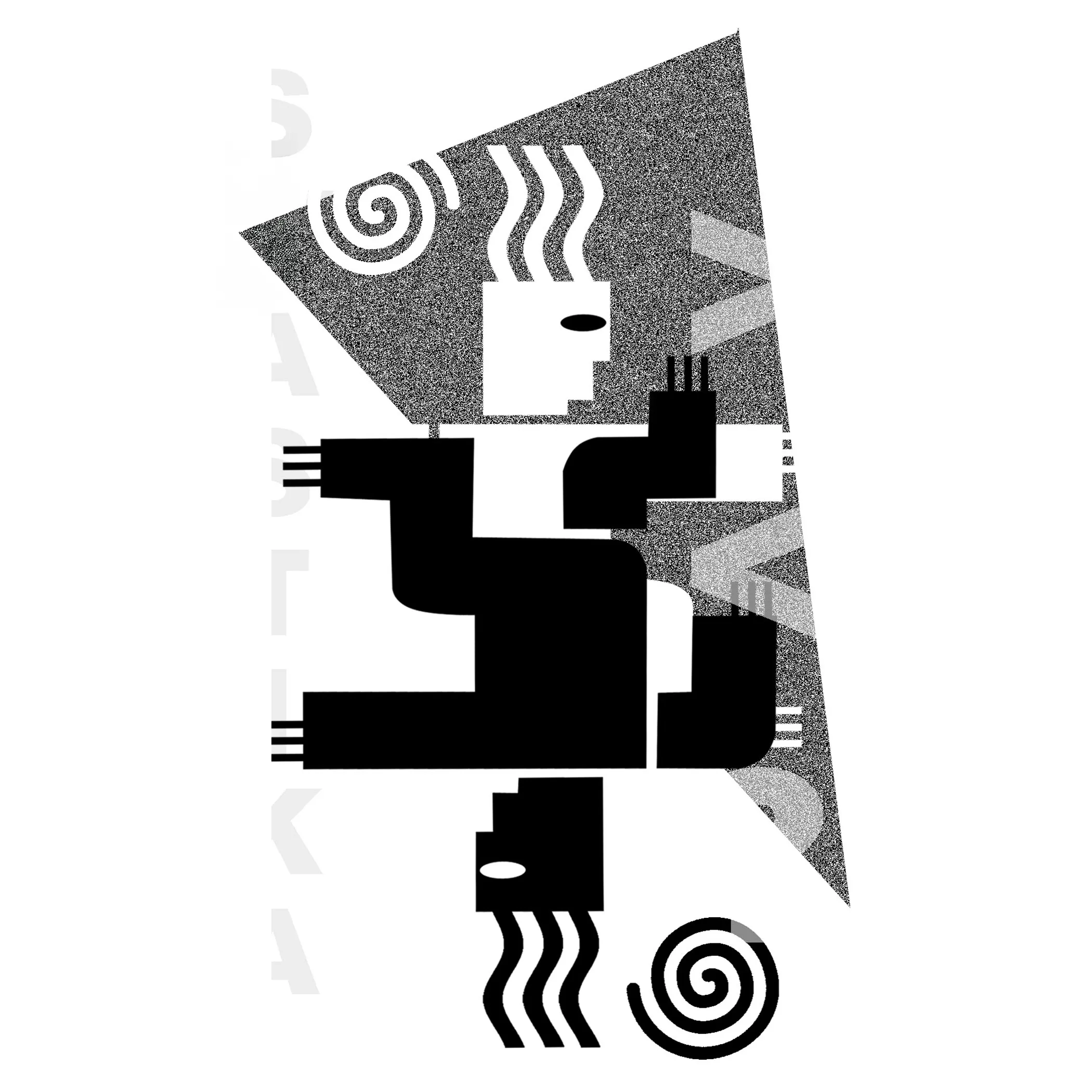Abstract black and white geometric shapes forming two stylized human figures with spiral and wavy line accents.