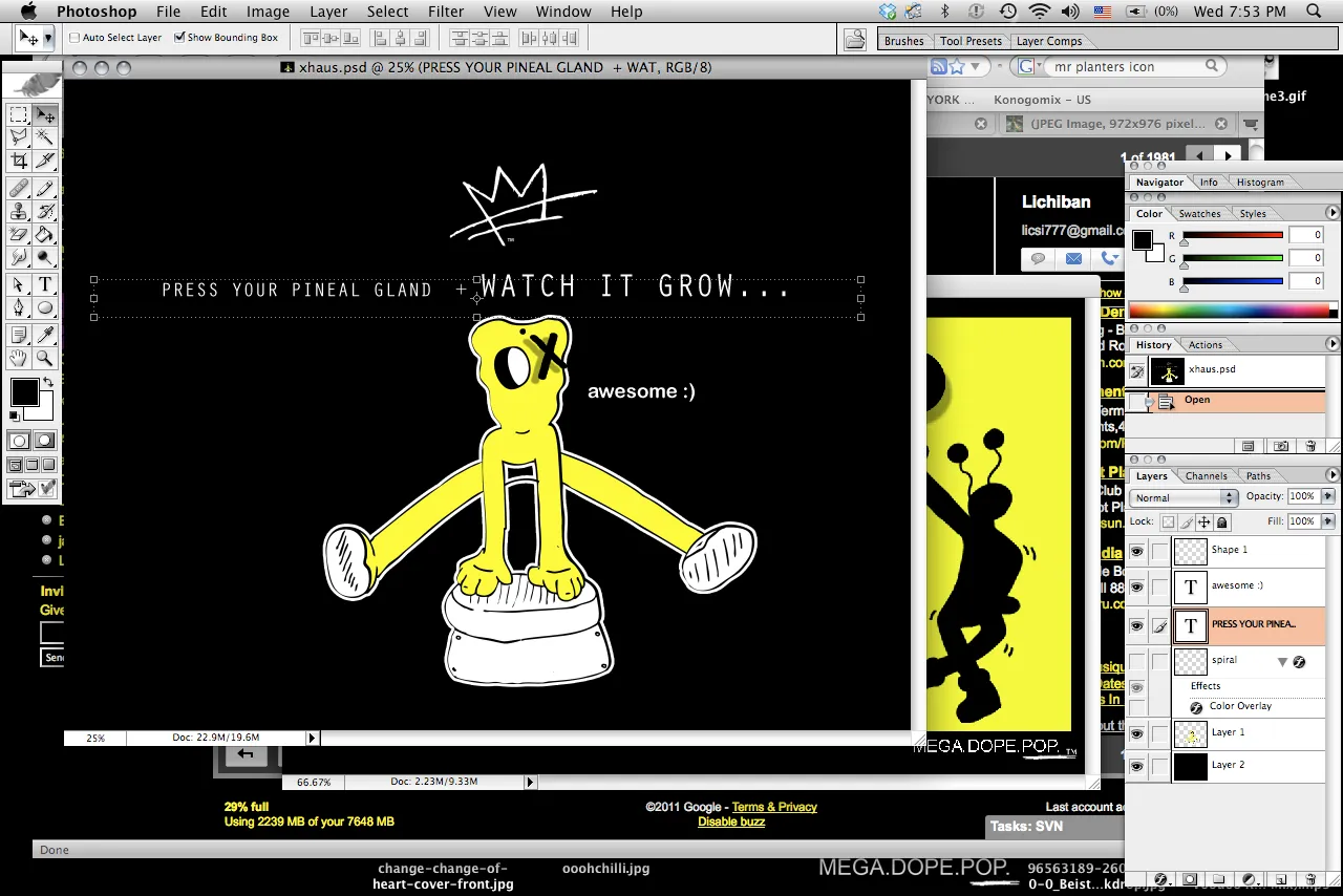 Photoshop window showing a yellow cartoon character with crossed-out eyes and text reading 'PRESS YOUR PINEAL GLAND + WATCH IT GROW... awesome :)'.