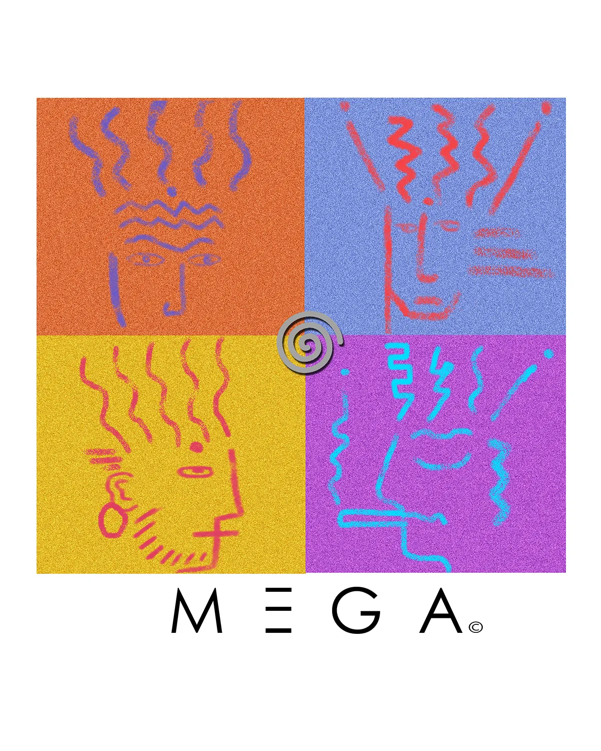 Four colorful abstract faces with wavy hair in a 2x2 grid above the word 'MEGA'.
