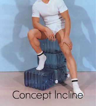 Person in white shirt and shorts poses with one foot on stacked large water jugs against a blue background with text 'Concept Incline'.