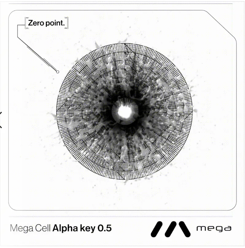 Circular complex pattern labeled 'Zero point' at the center, with text 'Mega Cell Alpha key 0.5' and mega logo below.
