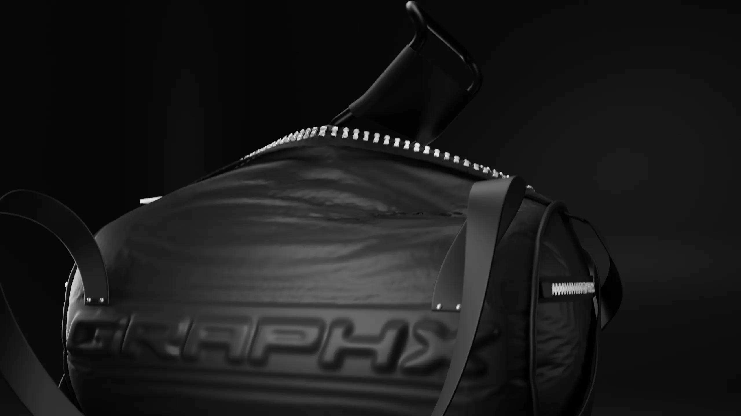 Close-up of a black duffel bag with raised lettering and a partially unzipped zipper handle against a black background.